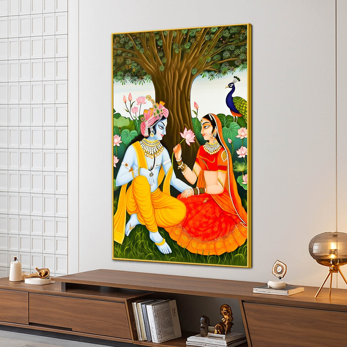 Majestic Shree Radha Krishna Garden Scene Canvas Wall Painting