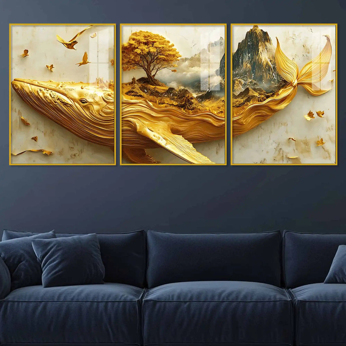 Majestic Whale and Mountain Scenic Floating Acrylic Painting Set of 3