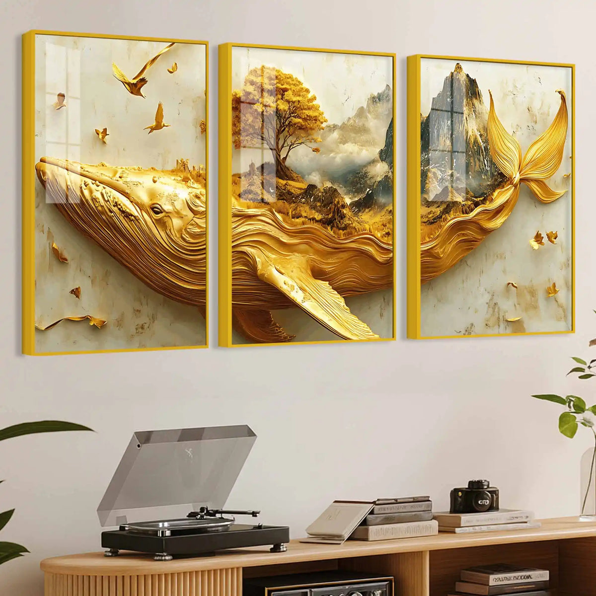 Majestic Whale and Mountain Scenic Floating Acrylic Painting Set of 3