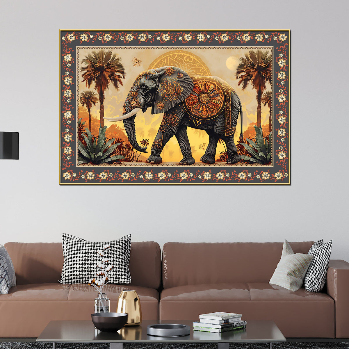 Mandala Design Elephant in Sunset Floral Border Canvas Wall Painting