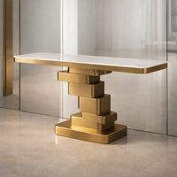 Marble Console Table with Layered Gold Pedestal