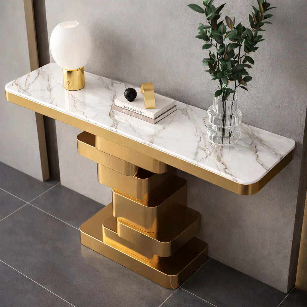Marble Console Table with Layered Gold Pedestal