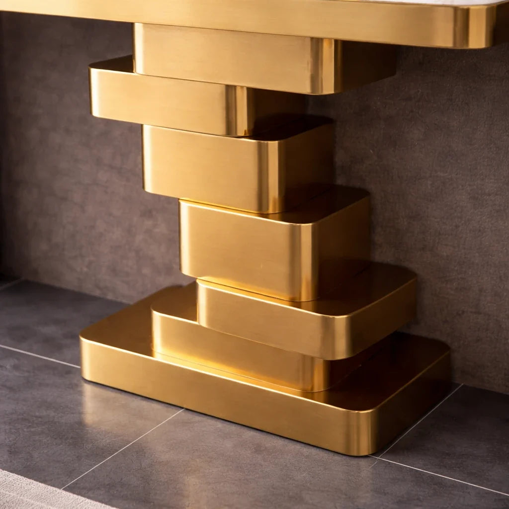 Marble Console Table with Layered Gold Pedestal