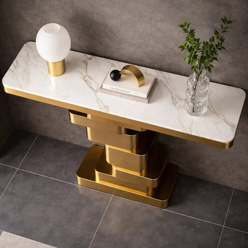 Marble Console Table with Layered Gold Pedestal
