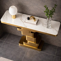 Marble Console Table with Layered Gold Pedestal