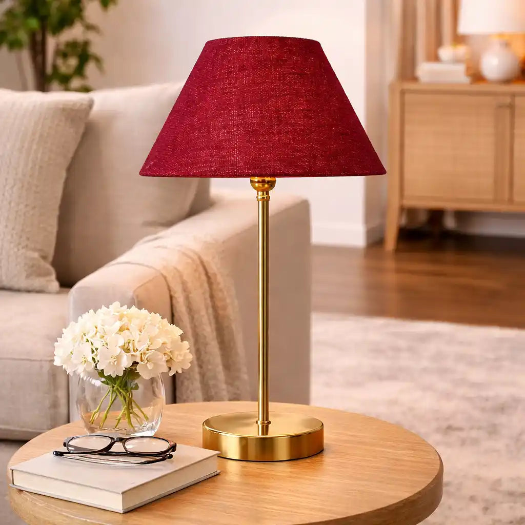 Maroon Solid Traditional Bedside Table Lamp with Golden Finish Base