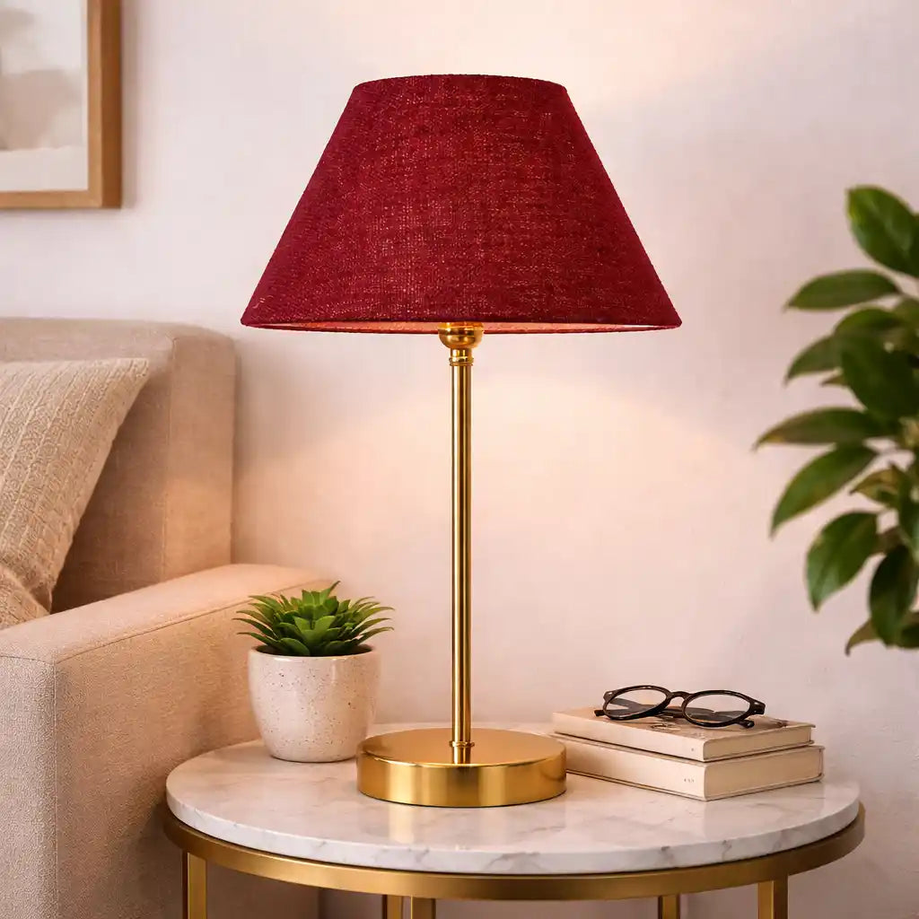 Maroon Solid Traditional Bedside Table Lamp with Golden Finish Base