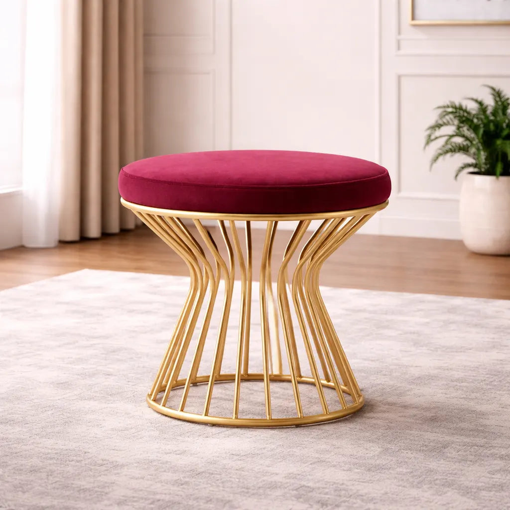 Maroon Velvet Pouffe with Glamorous Gold Detailing