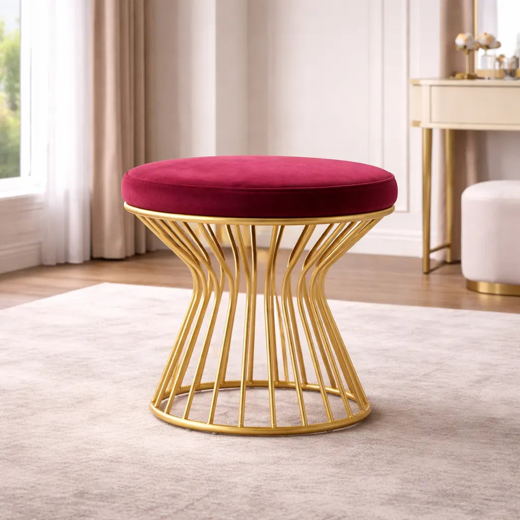 Maroon Velvet Pouffe with Glamorous Gold Detailing