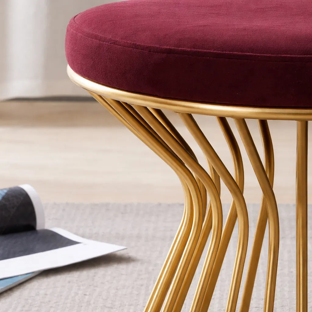 Maroon Velvet Pouffe with Glamorous Gold Detailing