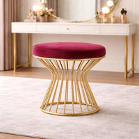 Maroon Velvet Pouffe with Glamorous Gold Detailing