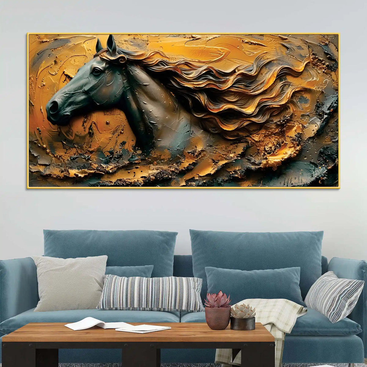 Masculine Royal Black Horse with Flowing Golden Mane Canvas Wall Painting