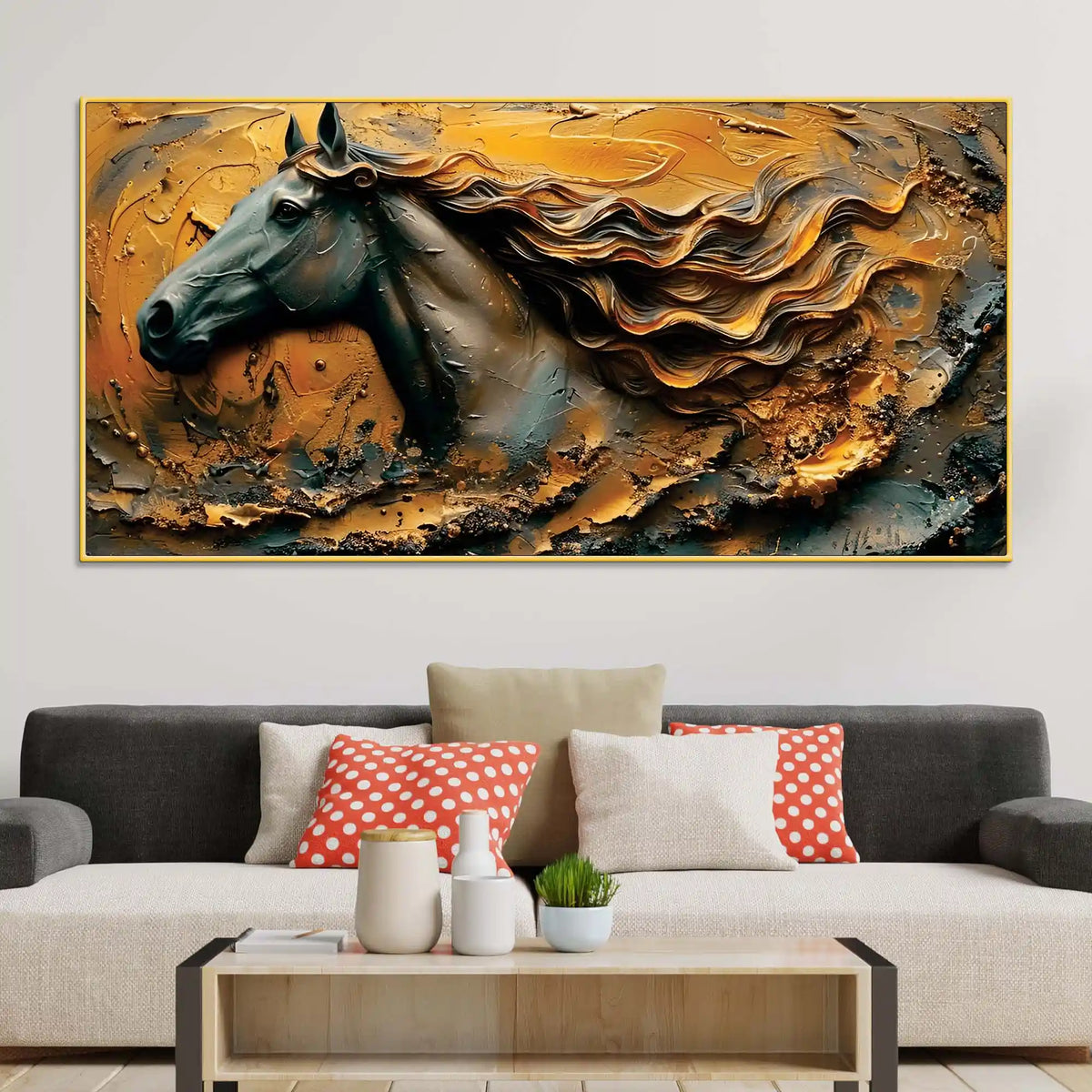 Masculine Royal Black Horse with Flowing Golden Mane Canvas Wall Painting