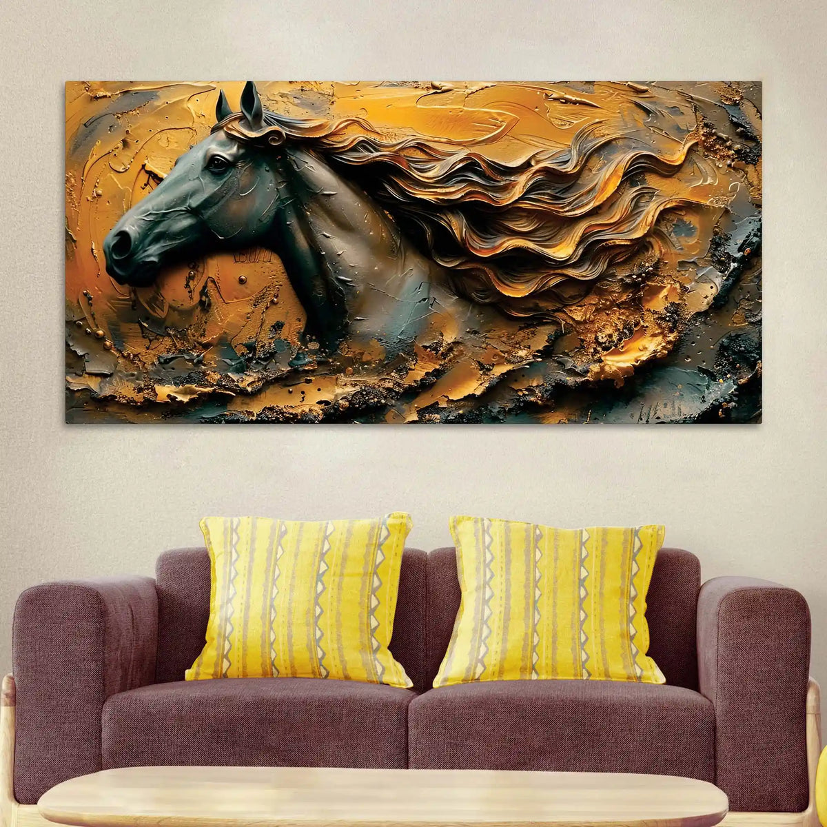 Masculine Royal Black Horse with Flowing Golden Mane Canvas Wall Painting