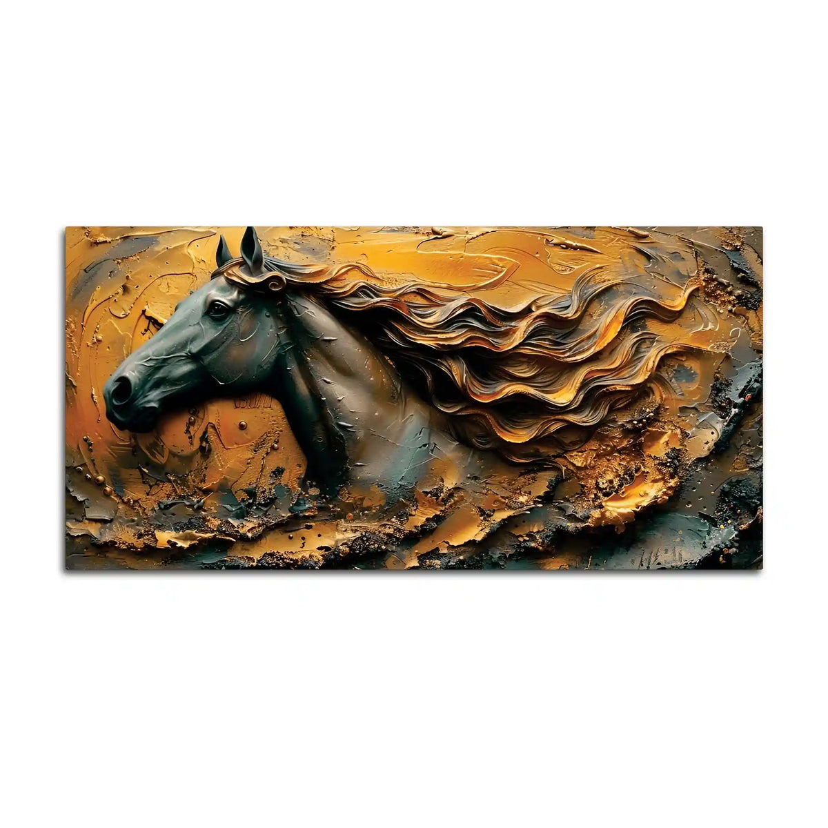 Masculine Royal Black Horse with Flowing Golden Mane Canvas Wall Painting