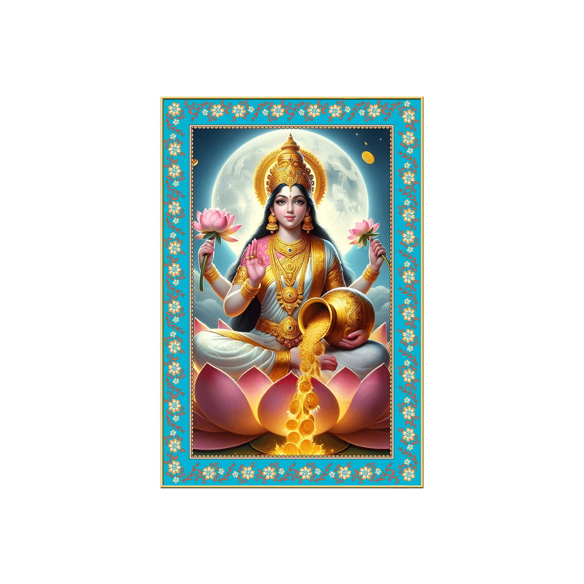 Mata Laxmi Prosperity Floral Border Vertical Canvas Wall Painting