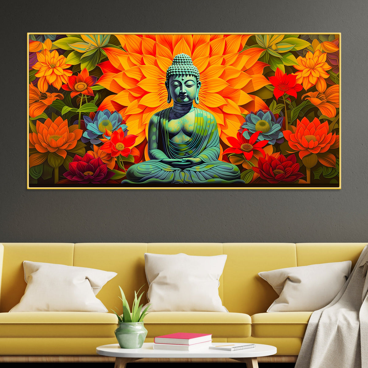 Meditating Buddha Wall Painting with Colorful Lotus Flowers