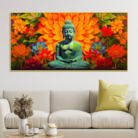 Meditating Buddha Wall Painting with Colorful Lotus Flowers