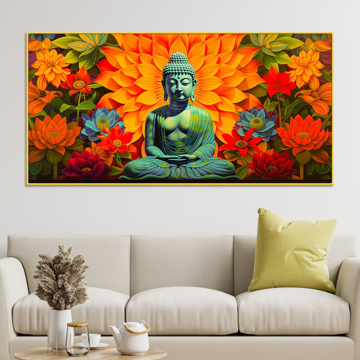 Meditating Buddha Wall Painting with Colorful Lotus Flowers