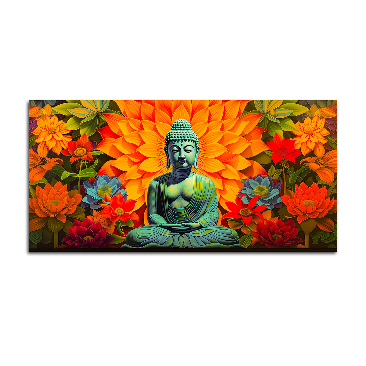 Meditating Buddha Wall Painting with Colorful Lotus Flowers