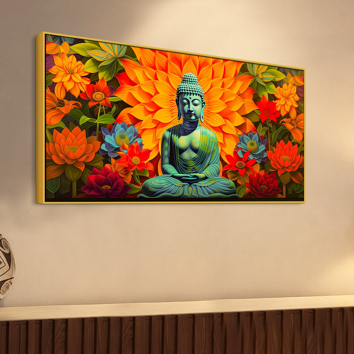 Meditating Buddha Wall Painting with Colorful Lotus Flowers