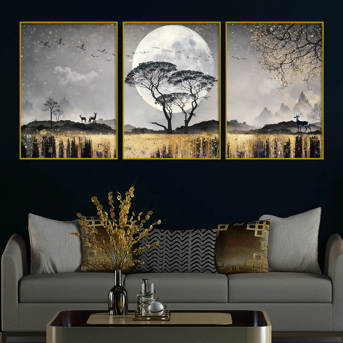 Mesmerizing Full Moon Tree & Golden Waterfall Floating Frame Crystal Wall Painting Set of 3