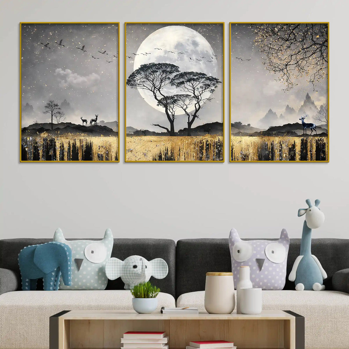Mesmerizing Full Moon Tree & Golden Waterfall Floating Frame Crystal Wall Painting Set of 3