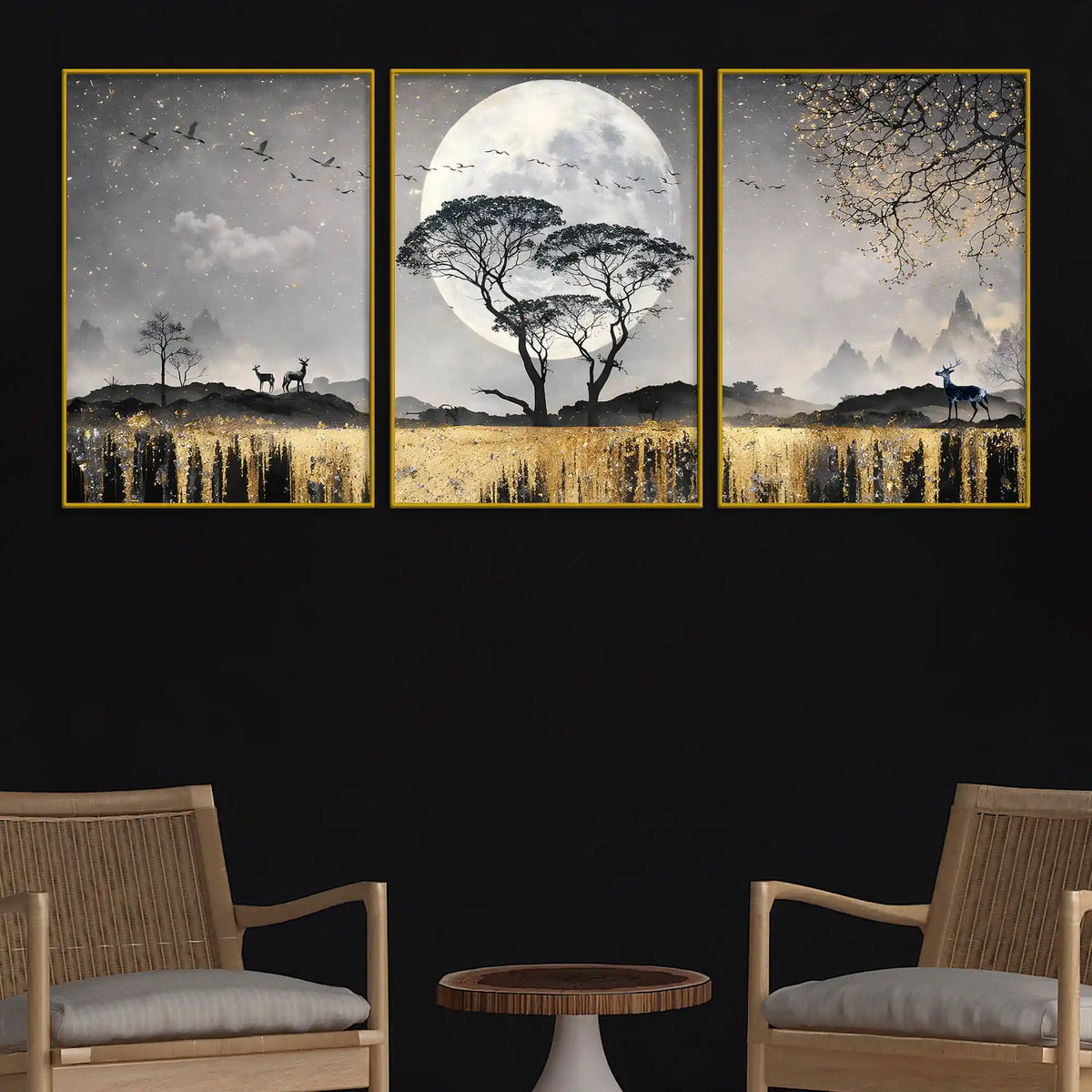 Mesmerizing Full Moon Tree & Golden Waterfall Floating Frame Crystal Wall Painting Set of 3