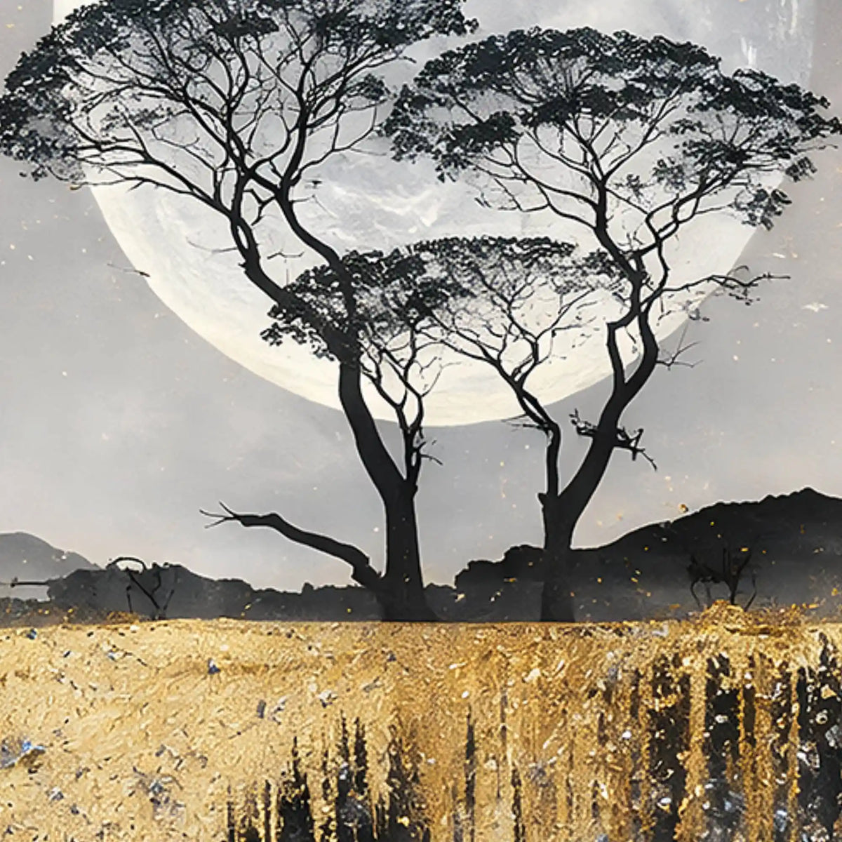 Mesmerizing Full Moon Tree & Golden Waterfall Floating Frame Crystal Wall Painting Set of 3