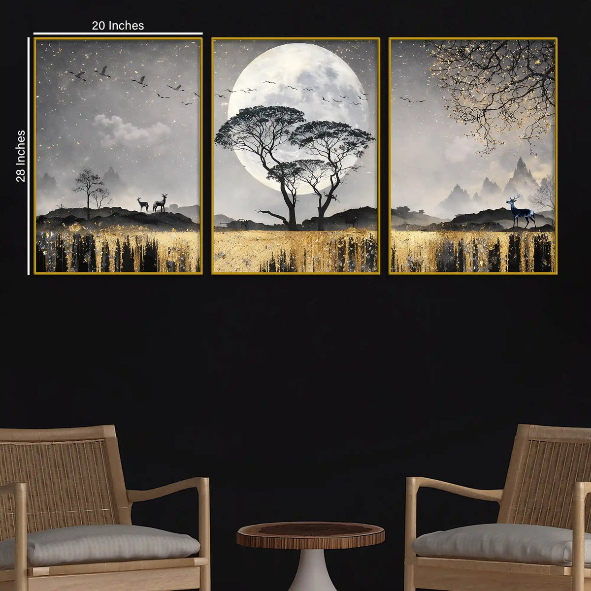 Mesmerizing Full Moon Tree & Golden Waterfall Floating Frame Crystal Wall Painting Set of 3
