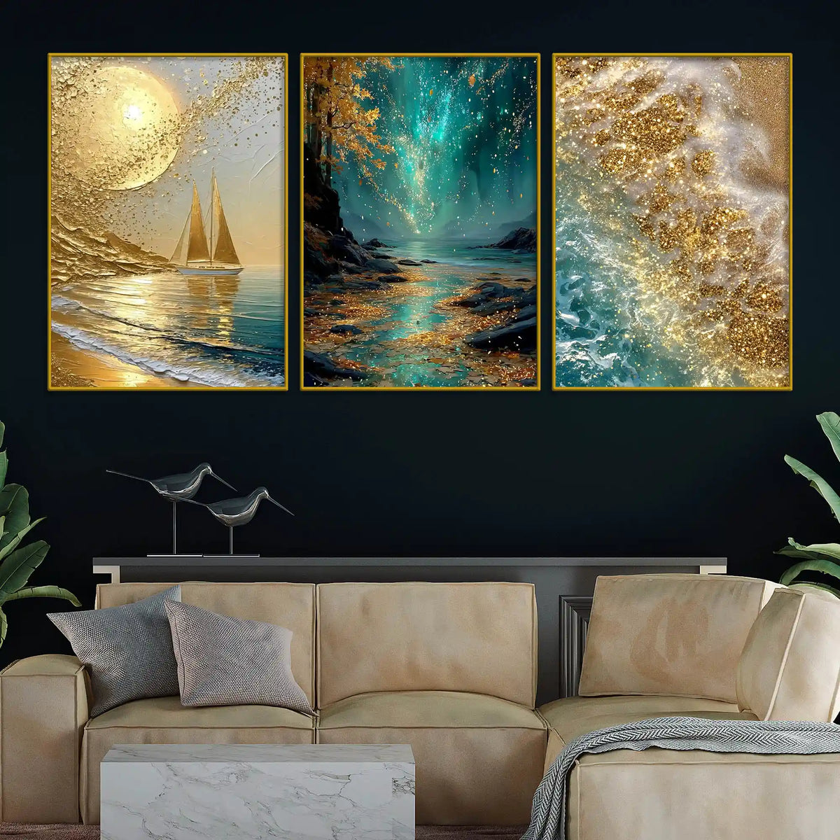 Mesmerizing Golden Moon Gleaming Ocean Landscape Floating Frame Crystal Wall Painting Set of 3