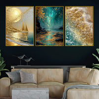 Mesmerizing Golden Moon Gleaming Ocean Landscape Floating Frame Crystal Wall Painting Set of 3