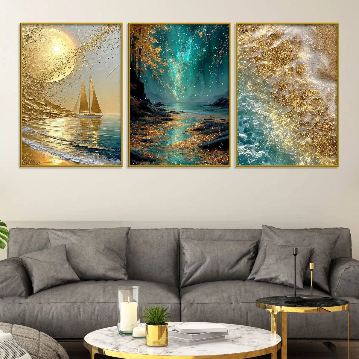 Mesmerizing Golden Moon Gleaming Ocean Landscape Floating Frame Crystal Wall Painting Set of 3