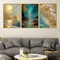 Mesmerizing Golden Moon Gleaming Ocean Landscape Floating Frame Crystal Wall Painting Set of 3