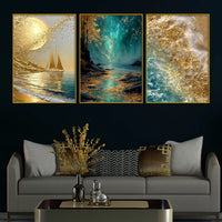 Mesmerizing Golden Moon Gleaming Ocean Landscape Floating Frame Crystal Wall Painting Set of 3