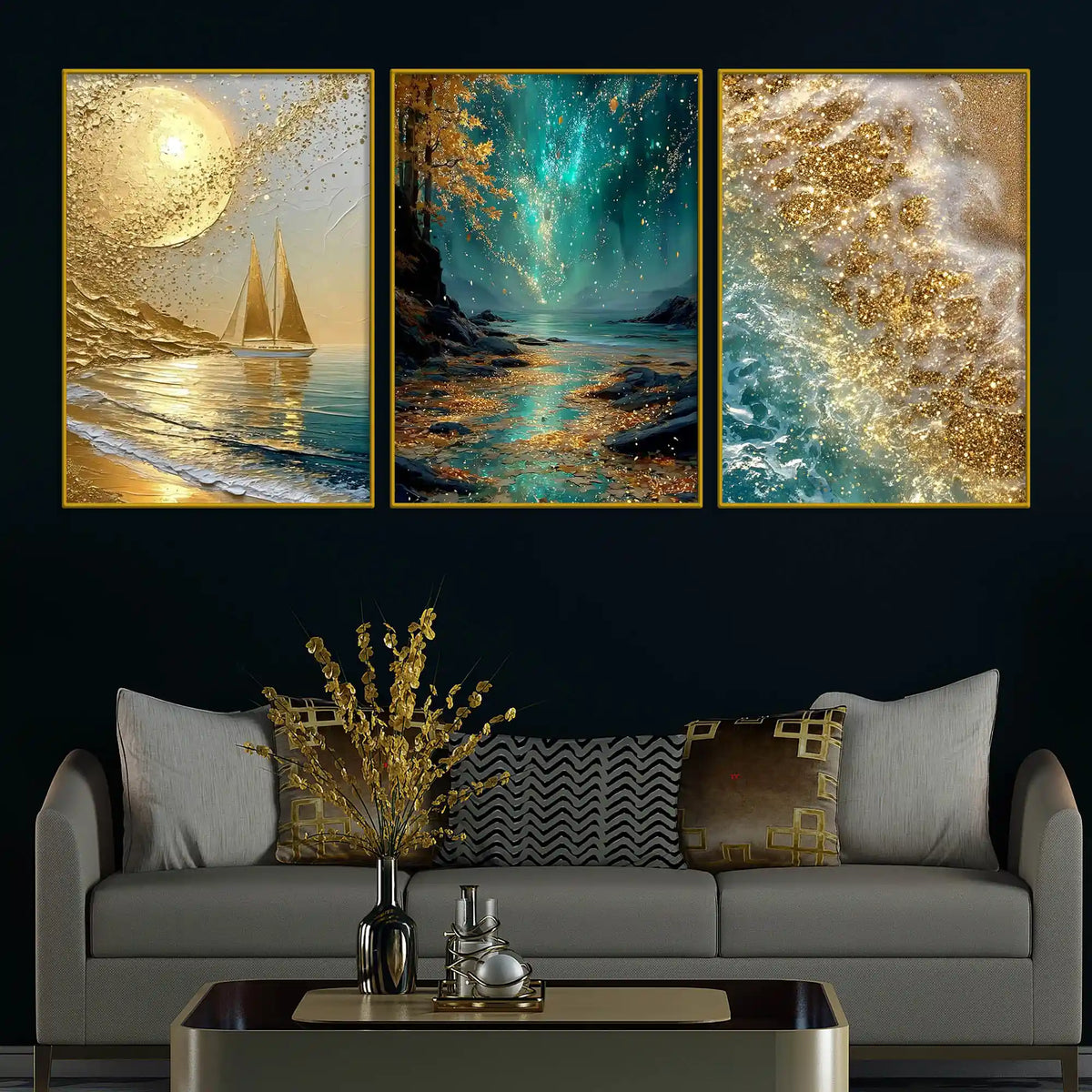 Mesmerizing Golden Moon Gleaming Ocean Landscape Floating Frame Crystal Wall Painting Set of 3