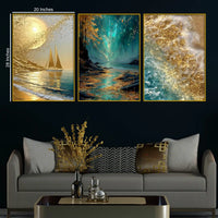 Mesmerizing Golden Moon Gleaming Ocean Landscape Floating Frame Crystal Wall Painting Set of 3
