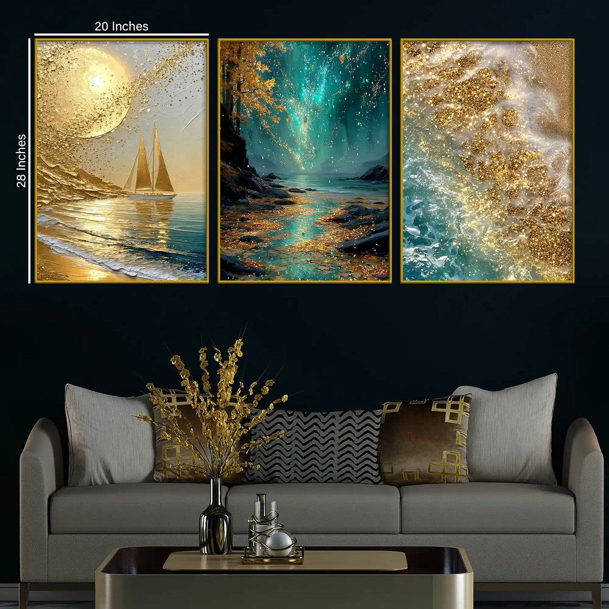 Mesmerizing Golden Moon Gleaming Ocean Landscape Floating Frame Crystal Wall Painting Set of 3