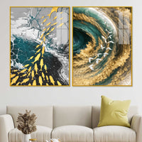 Mesmerizing Teal and Gold Ocean Abstract Acrylic Floating Wall Painting Set of 2
