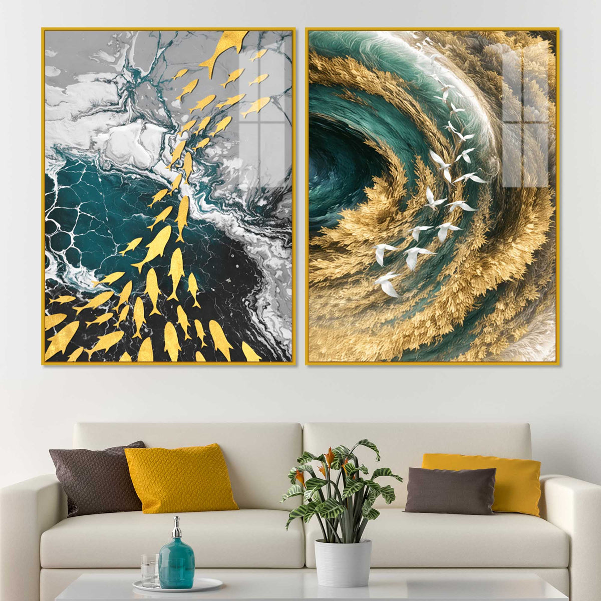Mesmerizing Teal and Gold Ocean Abstract Acrylic Floating Wall Painting Set of 2