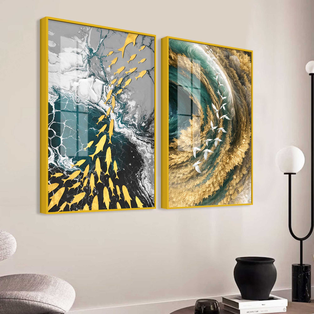 Mesmerizing Teal and Gold Ocean Abstract Acrylic Floating Wall Painting Set of 2
