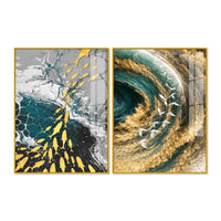 Mesmerizing Teal and Gold Ocean Abstract Acrylic Floating Wall Painting Set of 2