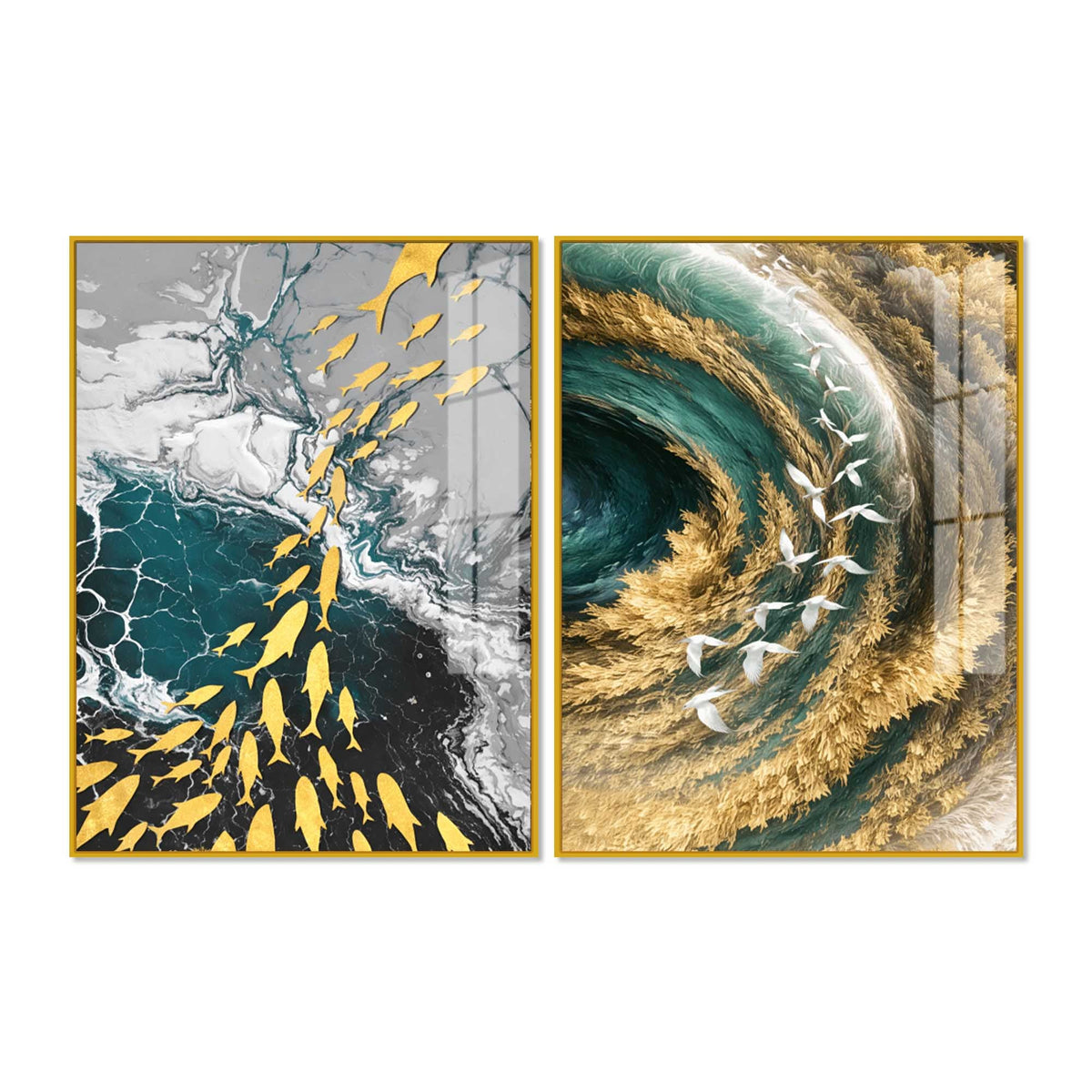 Mesmerizing Teal and Gold Ocean Abstract Acrylic Floating Wall Painting Set of 2