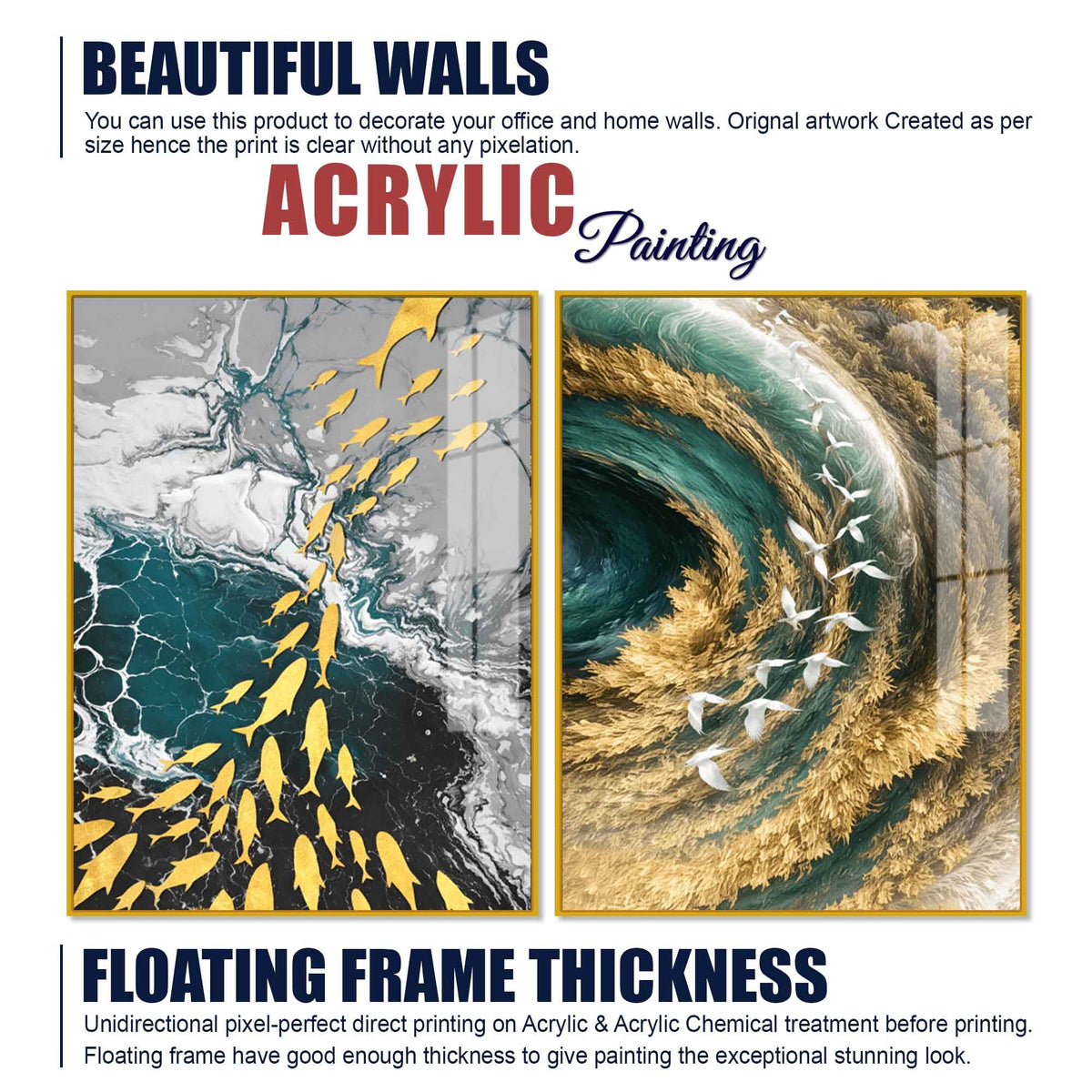 Mesmerizing Teal and Gold Ocean Abstract Acrylic Floating Wall Painting Set of 2