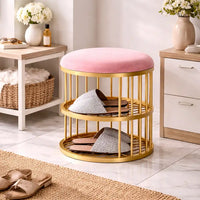 Metal Frame Shoe Bench Rack with Pink Padded Seat