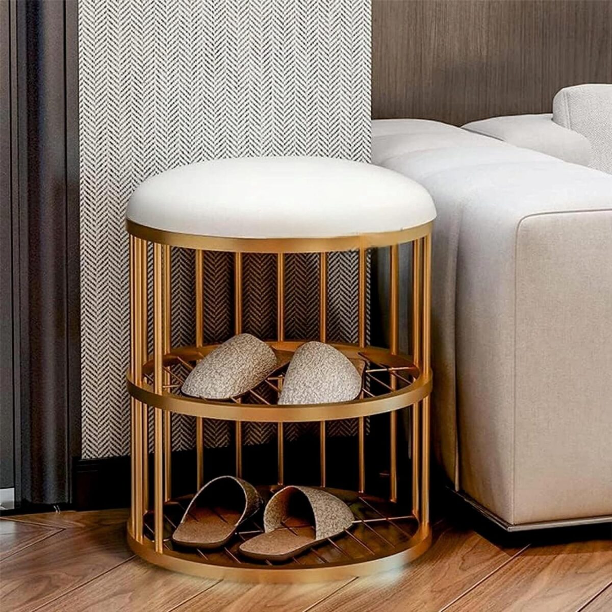 Metal Frame Shoe Bench Rack with White Padded Seat