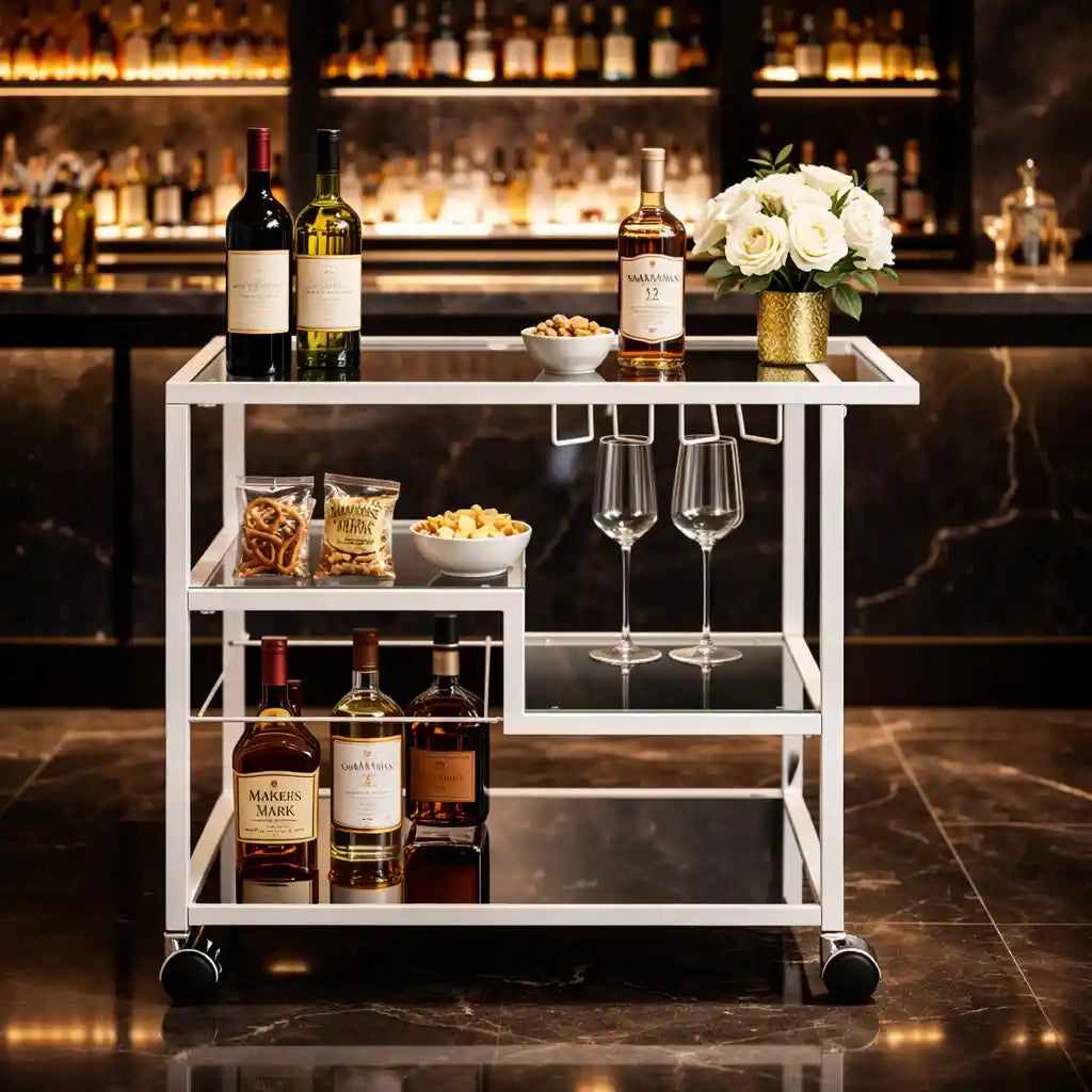 Metallic Minimalist Frame Design Bar Cart Trolley with Glass Shelves