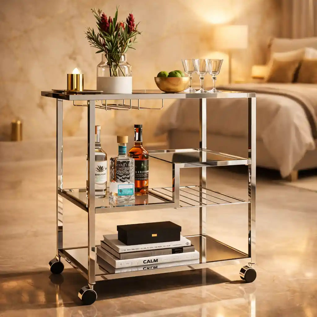 Metallic Minimalist Frame Design Bar Cart Trolley with Glass Shelves