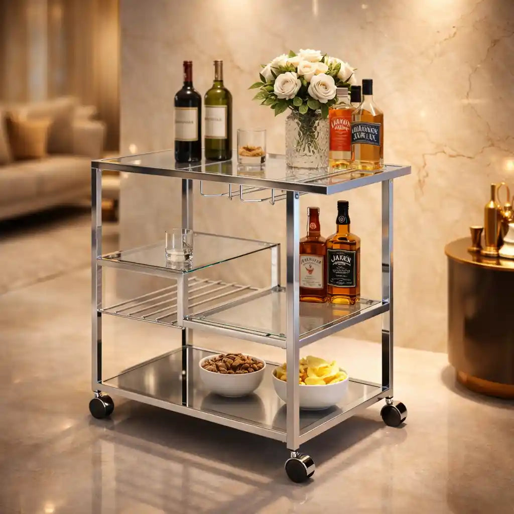 Metallic Minimalist Frame Design Bar Cart Trolley with Glass Shelves