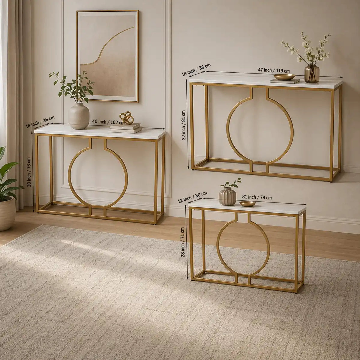 Metallic Ring Console Table with White Marble Table Top